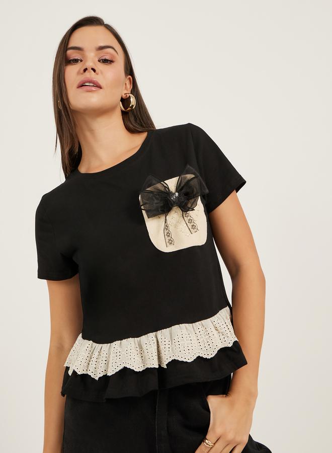Styli Regular Fit Ruffled Hem Lace Detail T-Shirt with Bow Detail - Image 1
